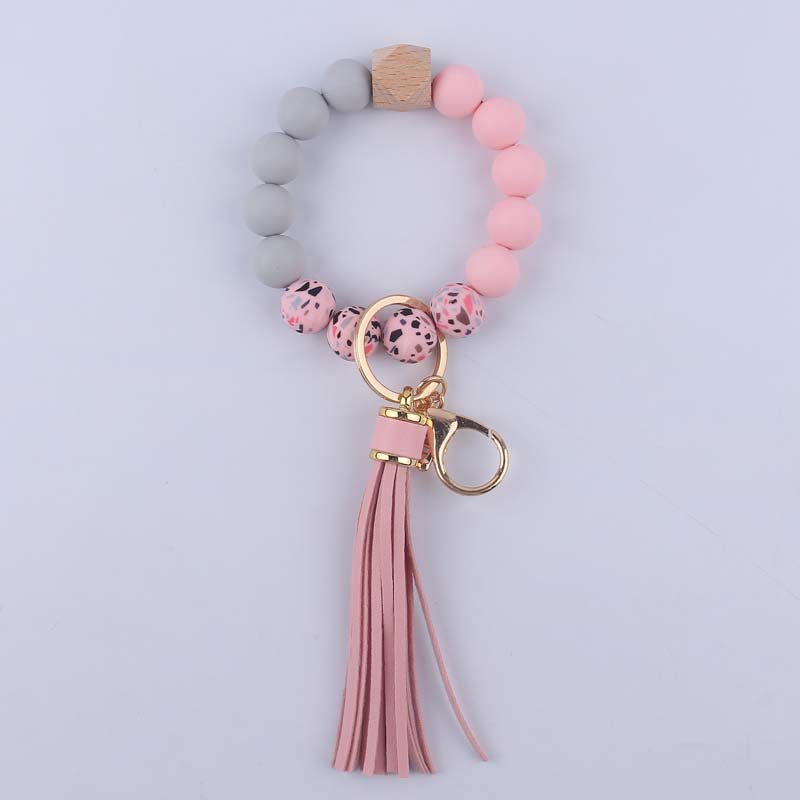 Wholesale Silicone Leopard Bead Wrist Leather Keychain DIY